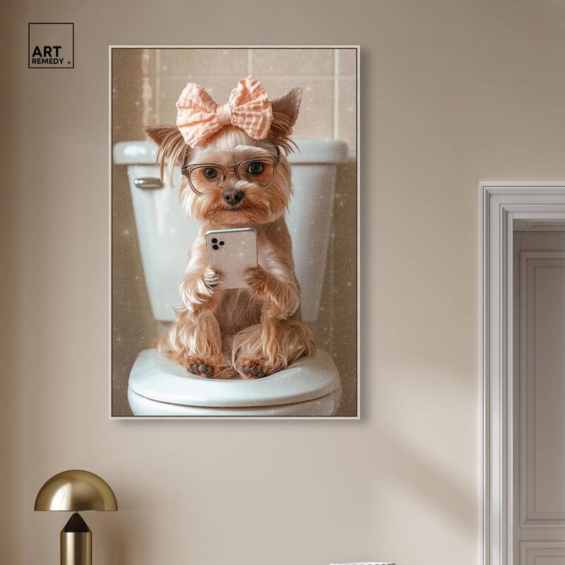 Cute Yorkie on the Toilet Canvas by Art Remedy