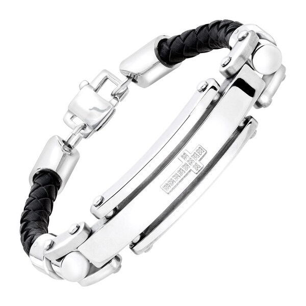 Men's Braided Leather Cross Bracelet with Cubic Zirconia in Stainless Steel - White