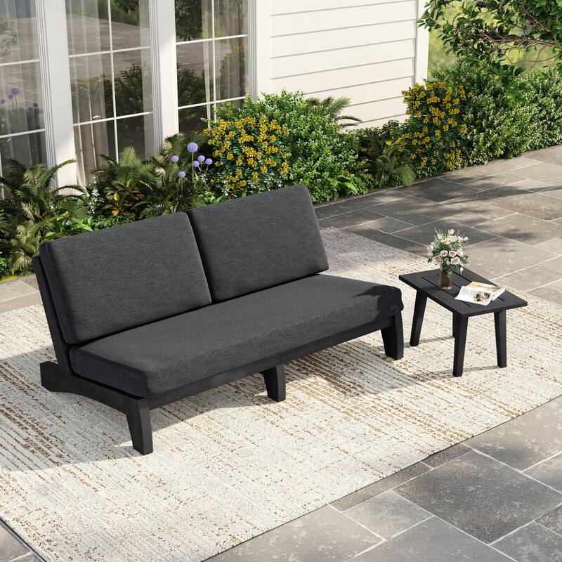 2-Piece Casual Teak Outdoor Patio Sofa Set with Side Table
