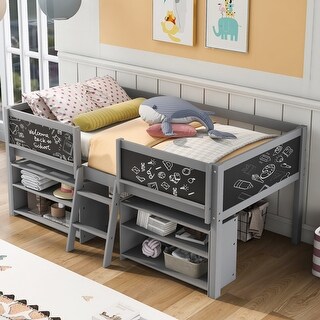 Twin Size Low Loft Bed with 2 Movable Shelves & Ladder, Solid Wood Bed with Decorative Guardrail Chalkboard, Grey