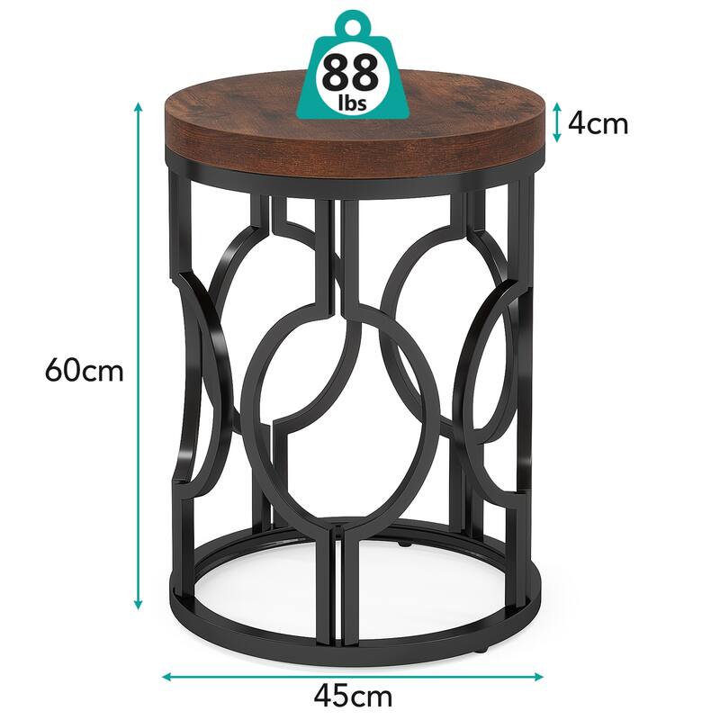20" Round Industrial Side Table with Metal Openwork Frame, Rustic End Table Nightstand for Bedroom or Living Room