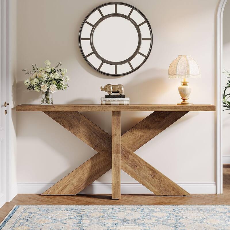 70.9" Long Farmhouse Console Table, Oak Brown Sofa Table Behind Couch with Geometric Wooden Base, Entryway Hallway Accent Table