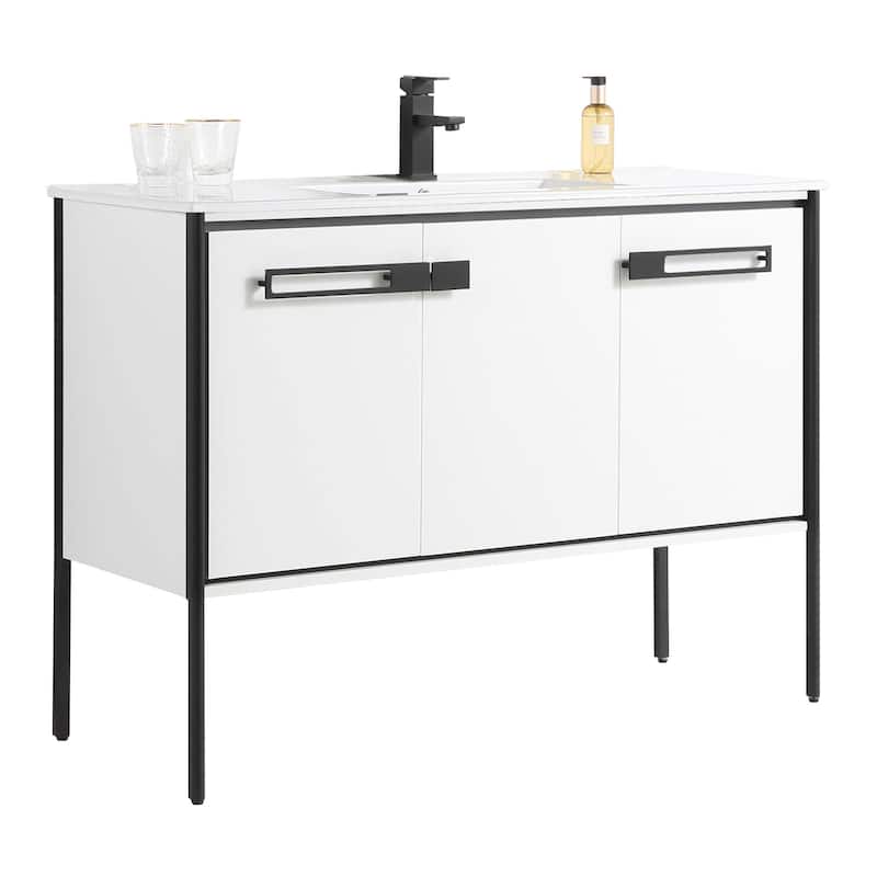 Fine Fixtures Oakville Bathroom Vanity with White Ceramic Sink - 48 Inch - White Matte - Black Hardware