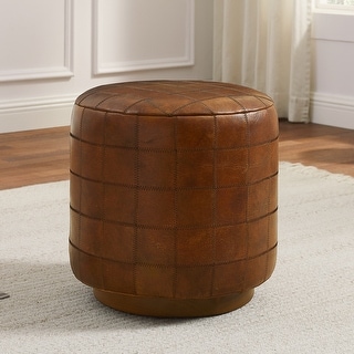 Vintage Genuine Leather Ottoman Footstool with Checkered Stitching