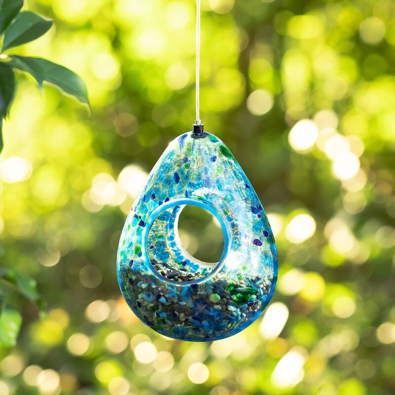 Glitzhome 6.75''H Glass Water Drop Hanging Dots Birdfeeder