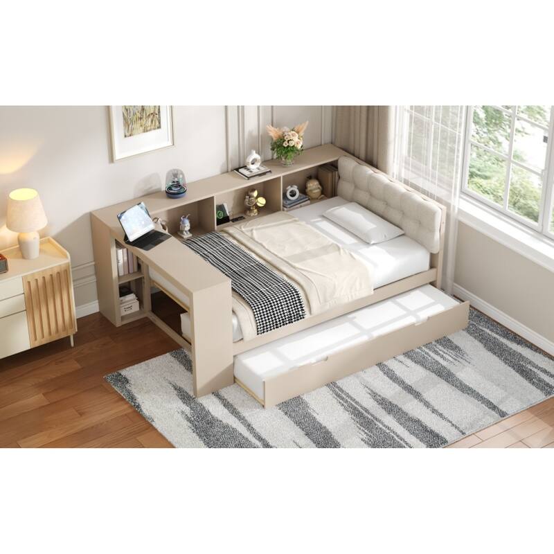 Roomfitters Twin/Full Wood Platform Bed with Trundle, Charging Station and Upholstered Headboard