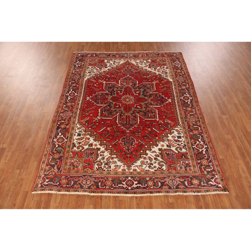 Hand Knotted Oriental 100% Wool Carpet Traditional Medallion Red Heriz Area Rug - 9' 2'' X 6' 8''