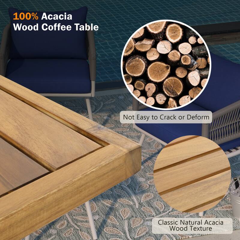 4 Piece Patio Furniture Set, Patio Conversation Set with Acacia Wood Table, 2 Chairs and 1 Loveseat Sofa with Thick Cushion