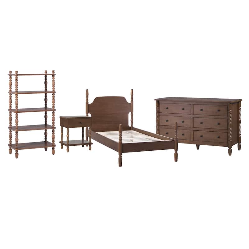 Walker Edison Twin Bed with Dresser Bookshelf and Nightstand Bedroom Set