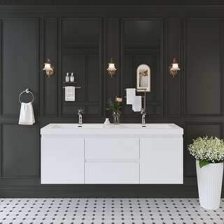 Wall-Mounted Bathroom Vanity with White Solid Surface Top