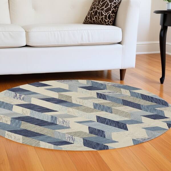 HomeRoots 8' Blue Ivory And Gray Round Wool Geometric Tufted Handmade ...