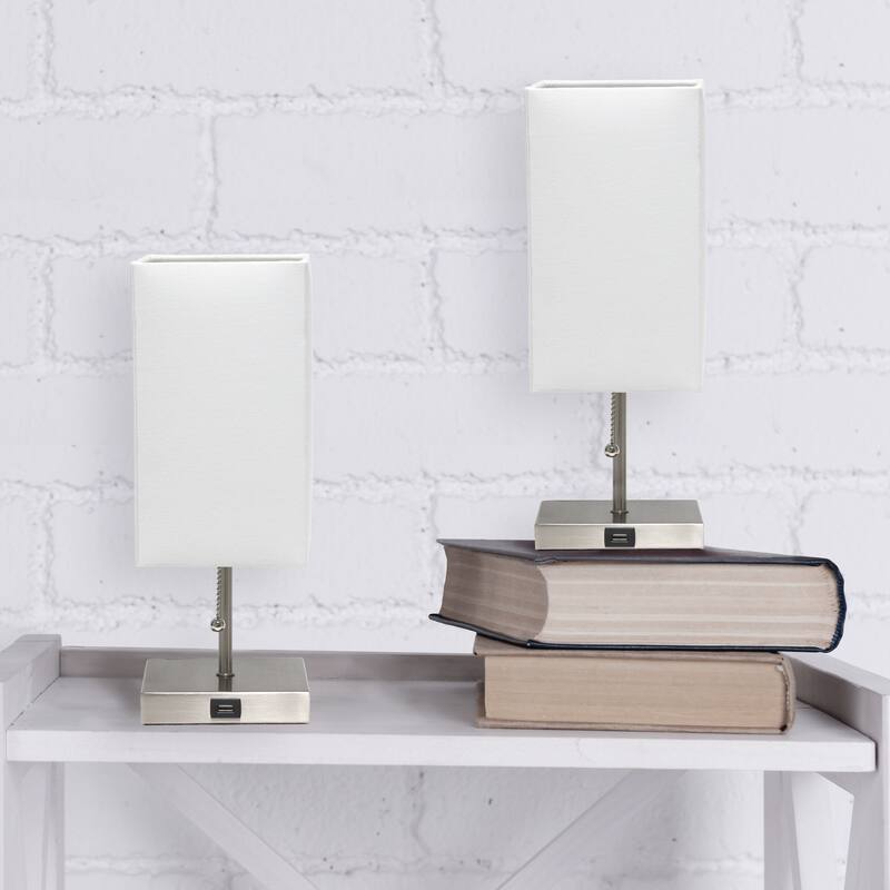 14.25 in. Brushed Steel Finish Table Lamp with White Shade, Durable Stick Lamp for End/Side Tables, Set of 2