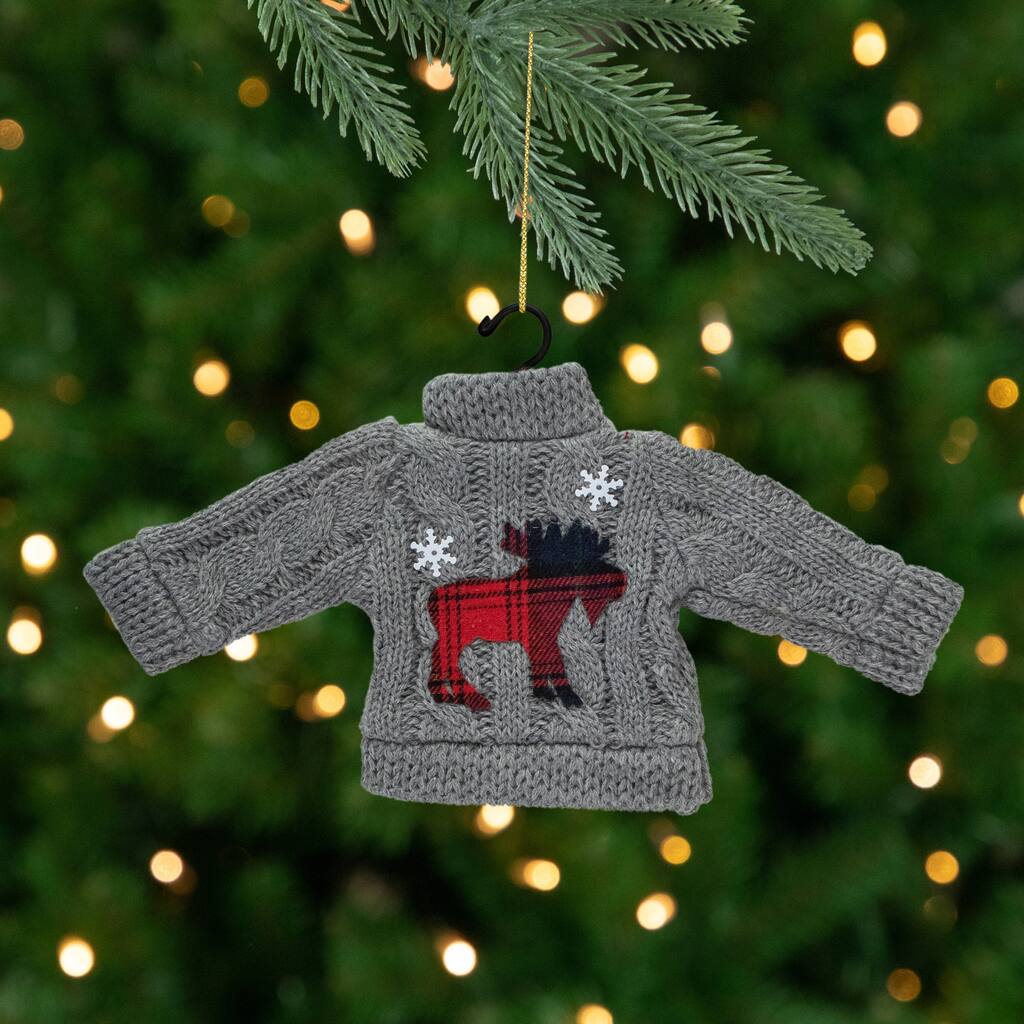 9" Gray Ugly Sweater with Plaid Moose Christmas Ornament