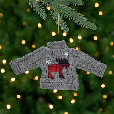 Ugly Sweater with Plaid Moose Christmas Ornament - 9" - Gray