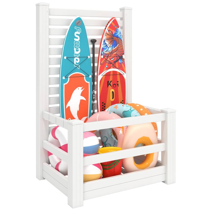 Waterproof Outdoor Pool Storage Bin with Hooks, Basket Holder or Long Panel for Poolside & Patio