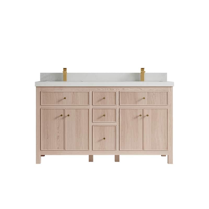 Willow Collections 60 x 22 Sonoma White Oak Wood Double Sink Bathroom Vanity with Quartz or Marble Countertop