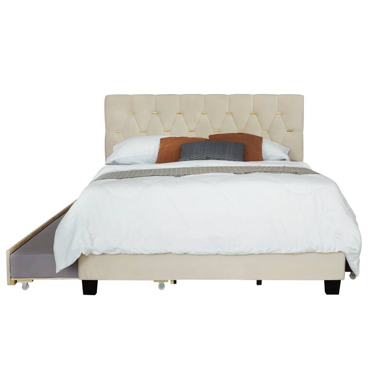 Modern Queen Upholstered Platform Bed with Gold Tufted Headboard, Pull-Out Trundle & 2 Storage Drawers, No Box Spring Needed