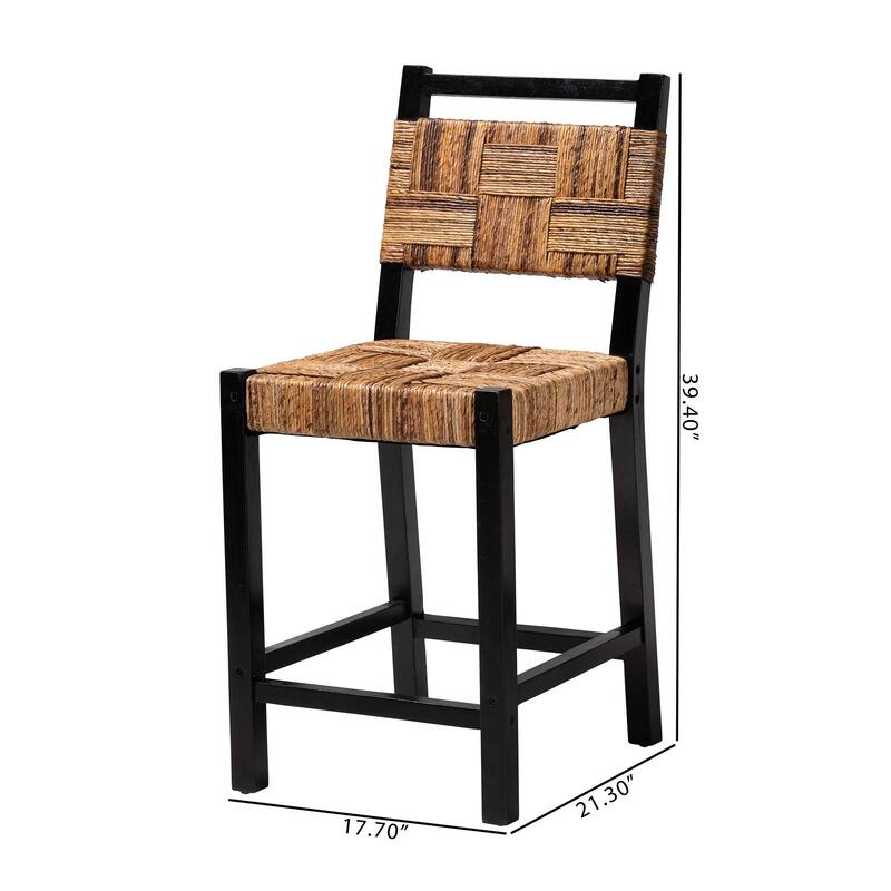 Raniya Seagrass Counter Stool - Solid Mango Wood Frame with Woven Seat and Backrest, Rustic Boho Style Dining Seating, Black