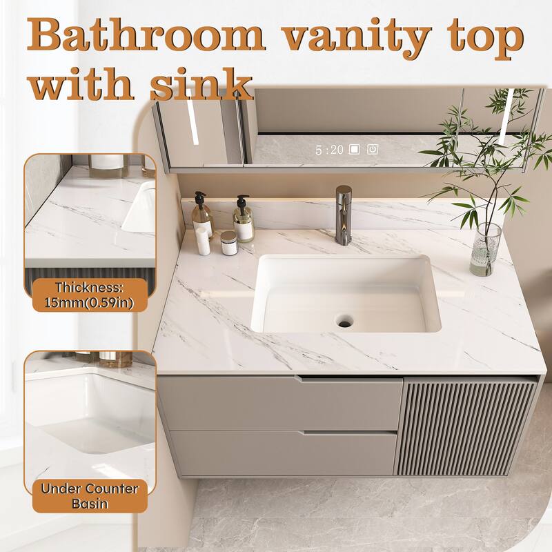 Roomfitters 37 Inch Vanity Top with Undermount Sink, Durable Sintered Stone Bathroom Countertop with Backsplash, White