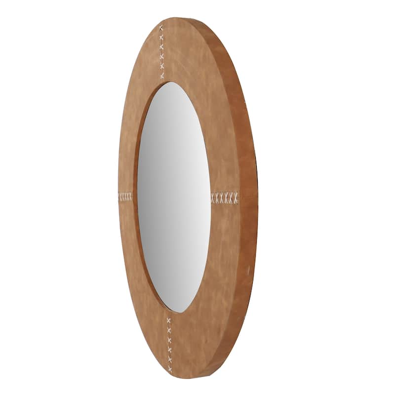 Azalea Park 31.75" Tan Faux Leather Round Wall Mirror