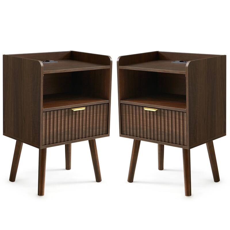 EROMMY Modern Nightstand with Charging Station Fluted Bedside Table USB Ports Storage Drawer