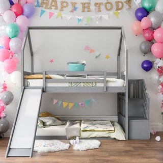 Twin over Twin House Bunk Bed with Convertible Slide,Storage Staircase,Gray