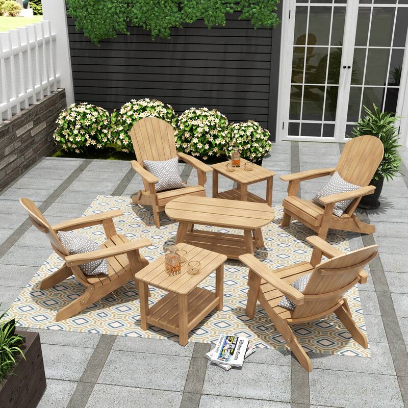 Vineyard HIPS Outdoor Folding Eco-Friendly All Weather Seashell Adirondack Chairs (7-Piece Conversation Set) - Teak