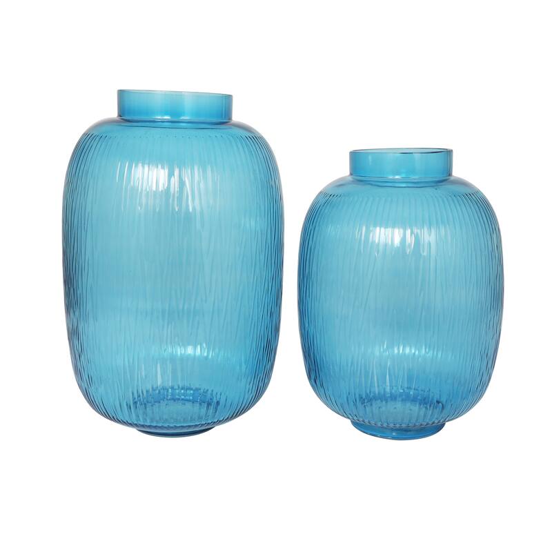 Blue Glass Ribbed Decorative Vase (Set of 2)