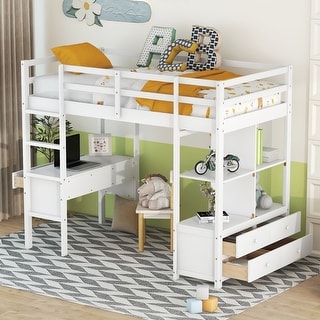 Twin Size Loft Bed w/Desk, Drawers, Storage Shelves, Wood Bed Frame