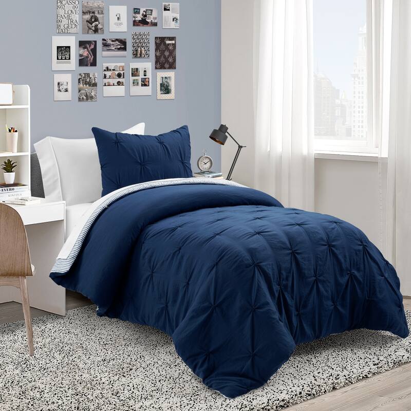Lush Decor Ravello Pintuck BIAB Soft Reversible Printed Comforter With Sheet - Navy - Twin XL