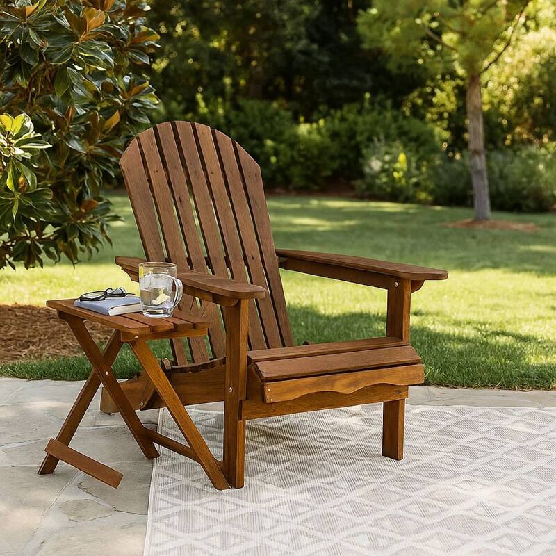 34 Inch Outdoor Adirondack Chair, Dark Brown Wood, Wide Armrests