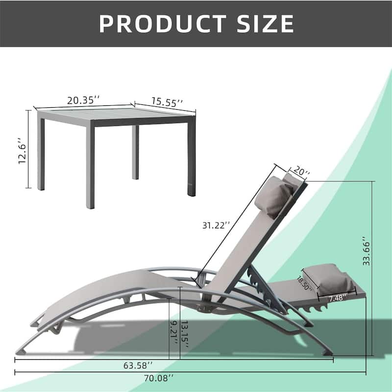 Adjustable Aluminum Chaise Lounge Chairs with Metal Side Table,Set of 3