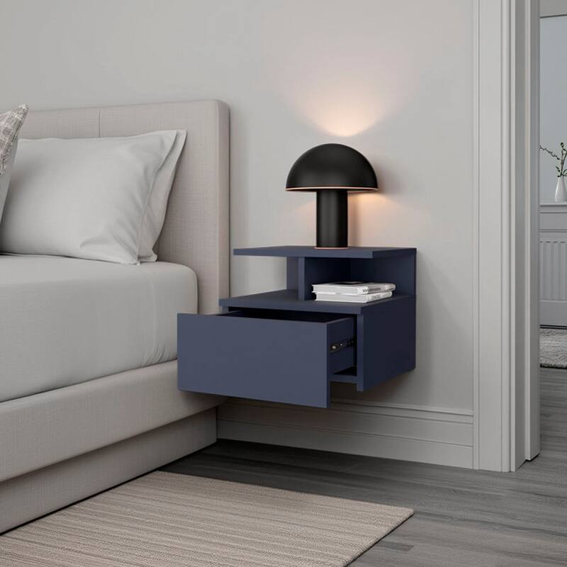 Blue Floating Nightstand with Drawer and Open Shelf
