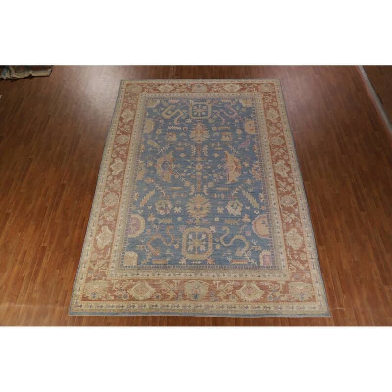 Hand Knotted Oriental 100% Wool Carpet Transitional All-Over Navy Blue & Blues Oushak Area Rug - 13' 11'' X 9' 9''