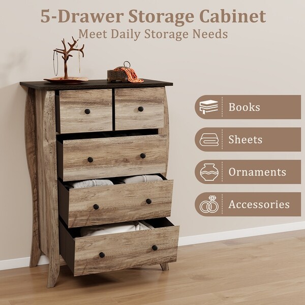 Gymax 38'' Farmhouse Chest of Drawers w/ 5 Folding Fabric Drawers