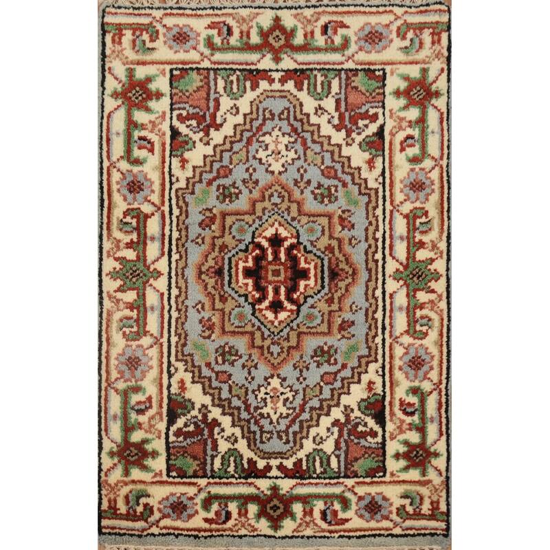 Hand Knotted Oriental 100% Wool Carpet Traditional Geometric Navy Blue & Blues Heriz (serapi) Area Rug - 3' 0'' X 2' 0''