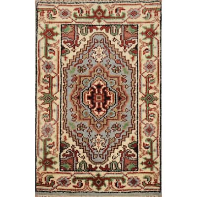 Hand Knotted Oriental 100% Wool Carpet Traditional Geometric Navy Blue & Blues Heriz (serapi) Area Rug - 3' 0'' X 2' 0''