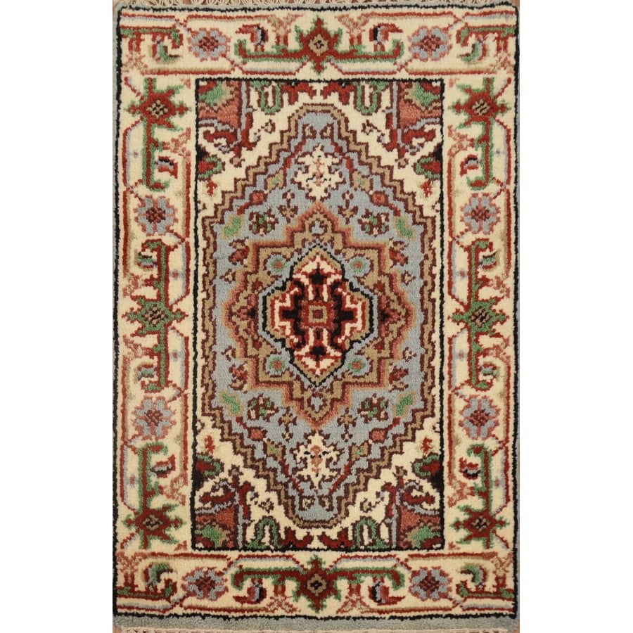 Hand Knotted Oriental 100% Wool Carpet Traditional Geometric Navy Blue & Blues Heriz (serapi) Area Rug - 3' 0'' X 2' 0''