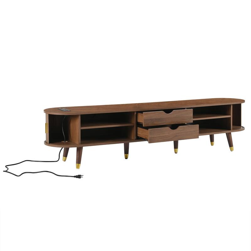 Medieval-Style TV Stand for TVs up to 80 Inches with Charging Station and Sliding Roller Shutter Door, for Living Room, Walnut