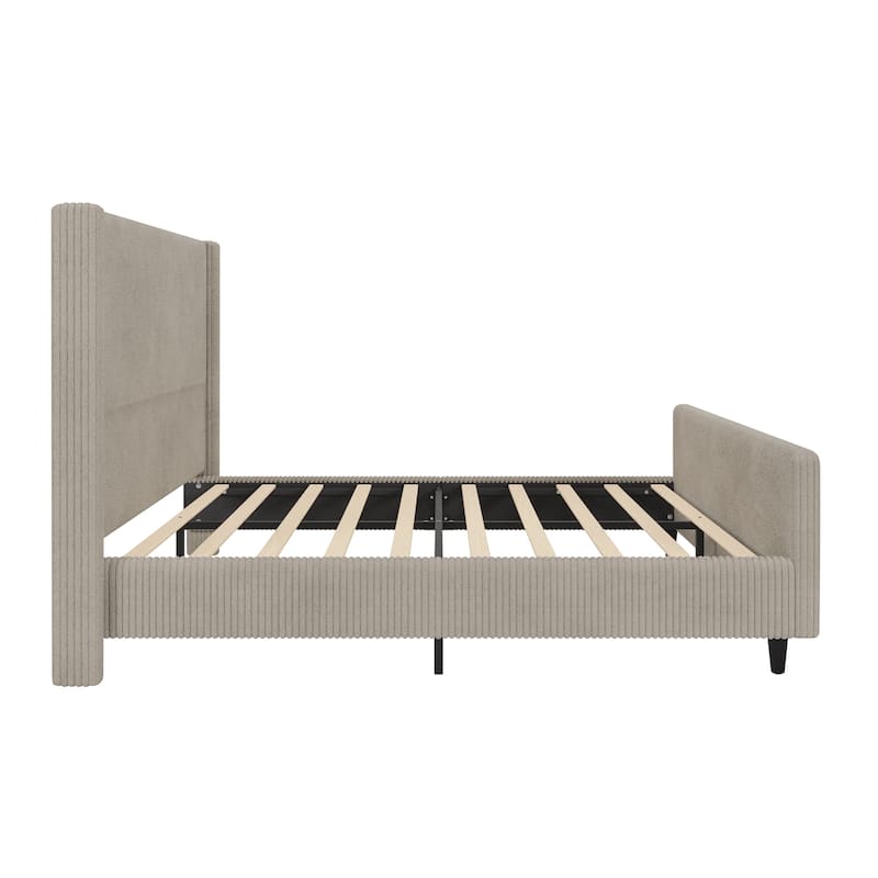 Queen Size Platform Bed Vertical Stripe Wingback Bed Taupe Corduroy Upholstered Frame Low Profile Slat Bed with Footboard