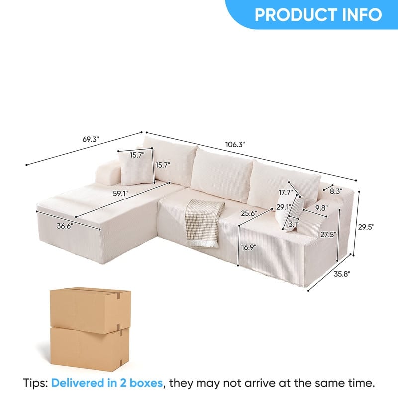 Mixoy 2-Pcs Free Combination Modular Sectional Sofas with Deep Seat,Corduroy L-Shaped Sofa with Chaise Lounge - 3-Seater