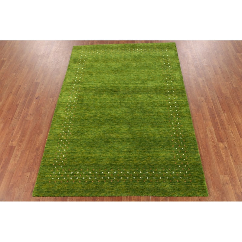 Green Gabbeh Indian Area Rug Hand-Knotted Wool Carpet - 5'4"x 7'9"