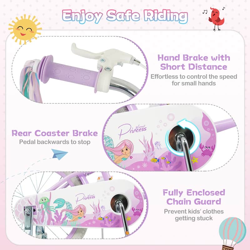 Gymax 14'' Kids Bike Toddler Bicycle w/ Training Wheels Hand & Coaster - Purple