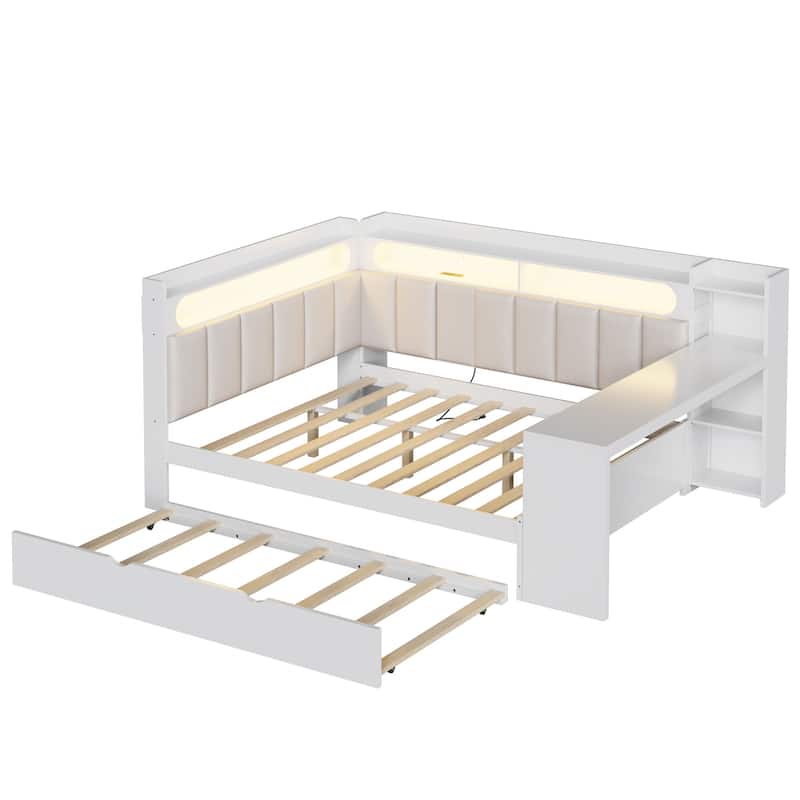 Roomfitters Full Daybed with Trundle, Charging Station and Upholstered Headboard