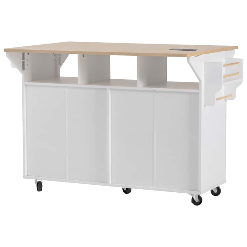 Fluted Kitchen Island with 2 Drop Leaf, 4 Doors Rolling Island Table, Kitchen Storage Cart with Power Outlet and Spice Rack