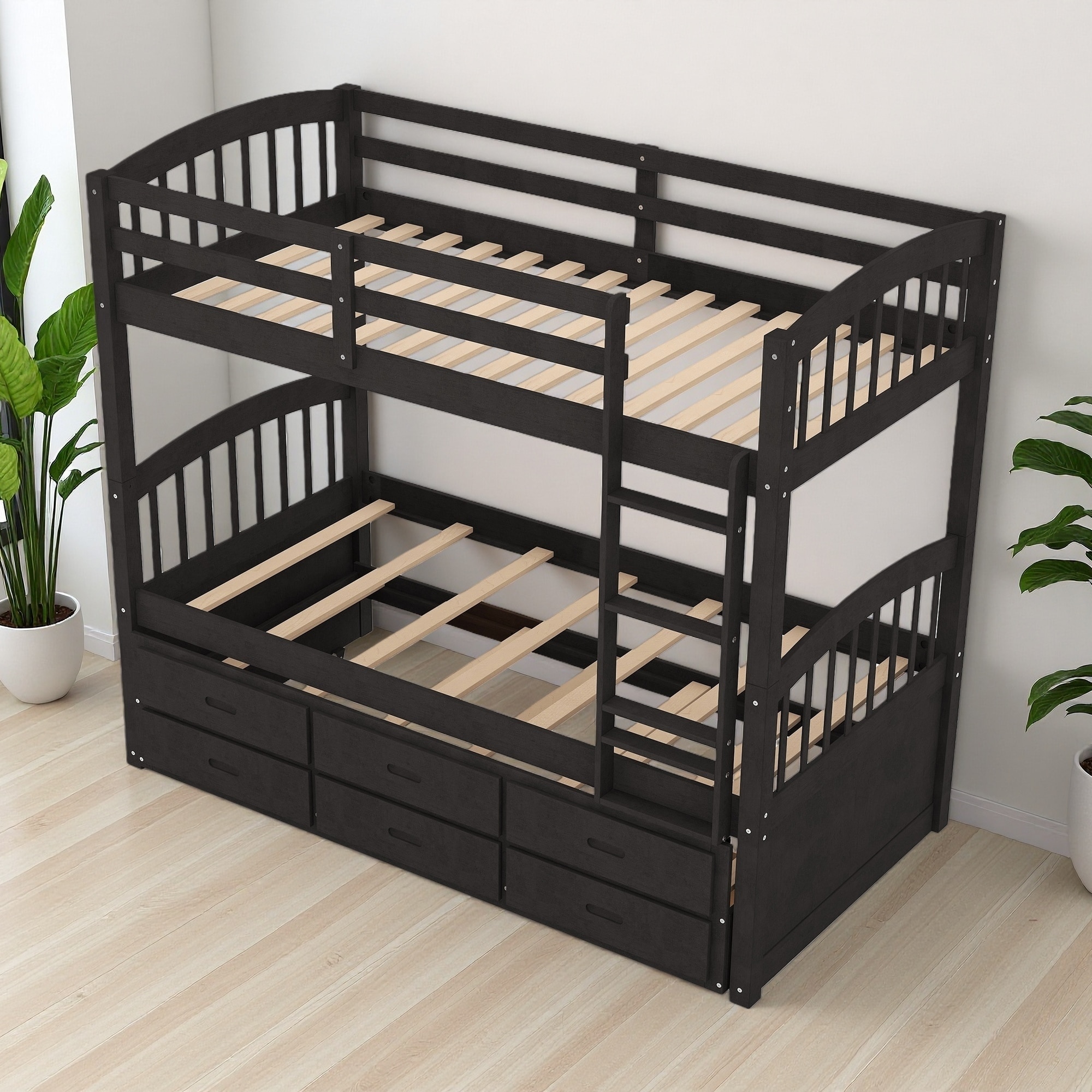 Twin Over Twin Wood Bunk Bed with Trundle and 3 Drawers