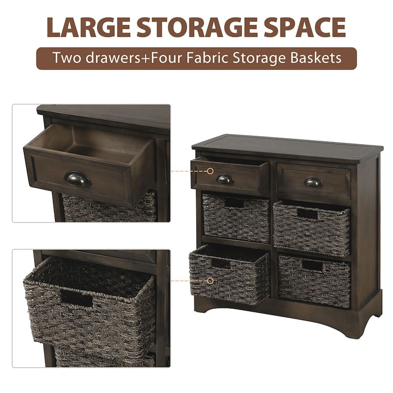 Rustic Storage Cabinet with 2 Drawers and 4 Classic Rattan Basket - 28"L×11.8"W×28"H