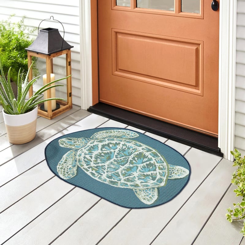Liora Manne Esencia Seaturtle Indoor/Outdoor Mat Blue 3'3" x 2'1" SHAPED - 3'3" x 2'1" SHAPED