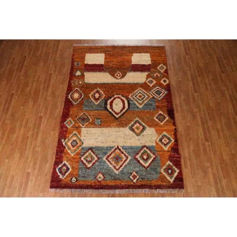 Hand Knotted Oriental 100% Wool Carpet Modern Tribal Oranges & Rust Moroccan Area Rug - 9' 11'' X 6' 8''