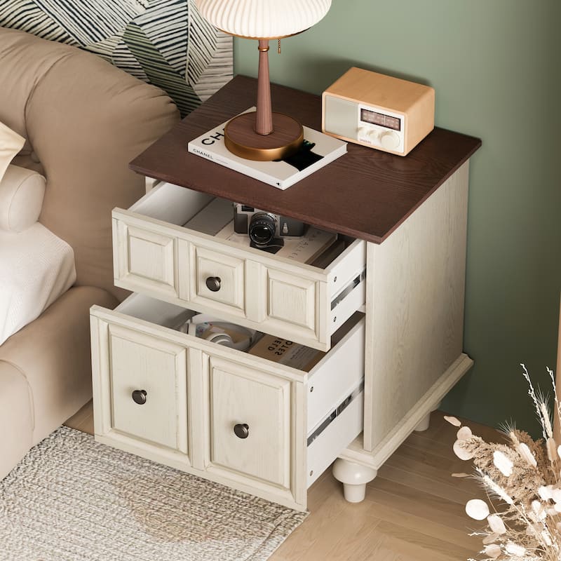 Vintage Nightstand with 2 Drawers and Roman Column Legs, Solid Wood Bedside End Table(Set of 2)